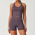 Set yoga da donna 2 pezzi lilla con top a lupetto e pantaloncini a vita alta - Taglia S / Top E Pantaloni / Canotta + Pantaloncini / Viola Melanzana