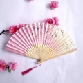 Pink and beige gradient bamboo folding fan with cherry blossom pattern and pink tassel - Pink-Beige Gradient Cherry Blossom Style (Women's Fan-50)