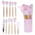 Set di 12 utensili da cucina in silicone rosa con manici in legno e secchiello - Rosa Set da 12 Pezzi Con Secchiello Piccolo (Ultra Leggero)