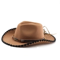 Detail of wool felt cowboy hat with stitched edge and vintage feather charm band - M(56-58cm) / Khaki Hat with Black Edge