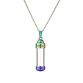 Macro shot of rainbow-colored stainless steel perfume bottle pendant with Greek key pattern - SSN-00305 / Rainbow