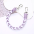 Macro shot of purple and white woven wrist strap with durable silver metal clasps - 12mm Width / Purple