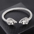 Vintage silver lion head open bangle with twisted rope texture for men's fashion - Antique Silver