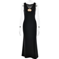 Elegant black V-neck maxi dress with golden flower detail on professional mannequin - S / Black