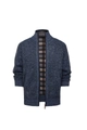 Men's navy blue knit cardigan with stand collar and checkered lining for winter - M / Navy Blue