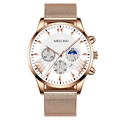 Rose gold mesh band watch with white multi-function dial and date display window - White Dial Rose Gold Hands Rose Gold Strap