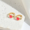 Petite gold hoop earrings featuring pink enamel stars and small sparkling diamonds - Rose Red