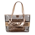 Transparent PVC tote bag with metallic bronze trim and inner pouch for beach use - Champagne Brown