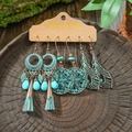 3-piece vintage bohemian earring set with turquoise beads and bronze tassels on wood - Disc Hollow Tassel Feather Leaf Style (HQEF-1781)