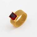Gold mesh braided stainless steel ring featuring a large rectangular red zircon stone - US 7 / Red