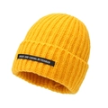 Bright yellow rib-knit beanie with 'Unique and Casual' patch for women in autumn and winter - One Size / Yellow