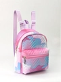 Detail of multi-colored star print backpack with V-shaped quilting and zipper pocket - Red Purple Tie-dye