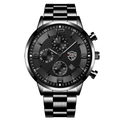 Men's quartz watch with black stainless steel strap, three-eye dial and date display - Silver Steel Band Black Dial [Steel + Calendar/Luminous] / Single Watch