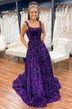 Sparkling purple sequin A-line evening gown with thin straps and a square neckline - US Size 2 (S) / Purple