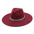 Detail of burgundy wool fedora with sparkling rhinestone band on white background - M (56-58cm) / Burgundy