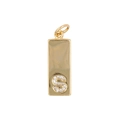 Macro detail of a golden rectangular charm featuring a zircon-encrusted letter S on the front - Letter S