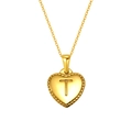 Personalized gold heart necklace with letter T engraving and beaded border detailing - Letter T Style (S-P151-T)