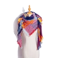 Women's plaid tassel shawl in red, blue and yellow checkered pattern on white background - Burgundy Plaid
