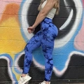 Blue tie-dye seamless yoga pants with high-waist peach lift design for workout wear - Blue