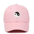 Close-up of the Tai Chi Yin Yang embroidery and Swimming text on the pink cotton baseball cap - Adjustable / Pink