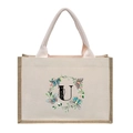 Linen canvas tote bag in beige with jute trim and pink handles featuring floral letter U - Butterfly Floral Letter U