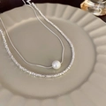 Detail of double-layer silver necklace with bow pearl pendant and silver bead chain - Inner Snake Bone Style (HN2148) / Silver