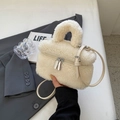 Chic white plush bucket bag with silver zippers and a thin leather shoulder strap - No Pendant / White