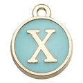 Light blue enamel round pendant with gold letter X for DIY jewelry making - Double-Sided Letter X / 1 Piece (12x14mm) / Green