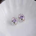 French style oval stud earrings with purple tulip glaze and white zircon accents - Purple Tulip Silver Border Zircon (E1941-1)