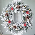 50cm flocked Christmas wreath with snow cedar branches, pine cones, red berries and LED lights - PE Red Berry Multi-Function Battery Light (SYWF401)