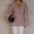 Elegant dark pink V-neck knit cardigan with puff sleeves for women's fashion style - S / Khaki