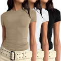 Dreierset eng anliegende Strick-T-Shirts in Khaki, Weiß und Schwarz für Damen - XS / Oberteile / 3er-Pack / Khaki Set