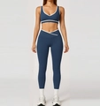 Navy blue high-waist yoga set with white contrast trim and V-neck sports bra - S / Top And Bottom (Bra + Long Pants) / Navy Blue