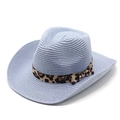 Detail of light blue straw cowboy hat with a stylish leopard print silk ribbon decoration - M (56-58cm) / Sky Blue