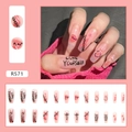 Detailed set of pink translucent press-on nails with heart patterns and chain motifs - R571 Cool English
