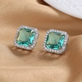 Vintage octagonal emerald green stud earrings with halo crystals on gold silk - Teal