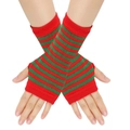Red and green striped knit fingerless arm warmers for holiday cosplay and fashion - One Size / Red & Green Thin Stripes