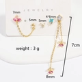 Detailed view of gold earrings set with colorful zircon stones and length measurements - One Size / Gold