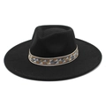 Detail of black wool fedora hat featuring a vintage colorful geometric pattern ribbon - M (56-58cm) / Black