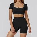 Two-piece black seamless yoga set with square neck short sleeve top and high waist shorts - S / Short Sleeve + Shorts / Premium Black