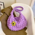 Purple quilted cloud tote bag with puffy shoulder straps and yellow flower charm - Purple with Pendant