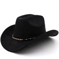 Classic black faux suede cowboy hat with ethnic beaded band and curved brim for outdoor wear - M (56-58cm) / Black