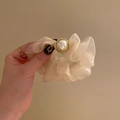Elegant champagne organza scrunchie with large gold-wrapped pearls for ponytails - Beige Mesh