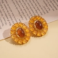 Vintage hollow oval glass agate stud earrings with geometric gold finish floral frame - Oval Geometric Hollow Style / Gold