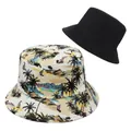 Classic black and tropical palm tree print cotton sun hats in a flat top bucket style - Black Tropical Print