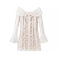 White lace off-shoulder mini dress with flared sleeves and nude lining on white background - S / White