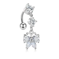 Detailed close-up of a butterfly belly button ring with sparkling marquise-cut stones - Silver Butterfly