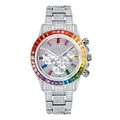 Luxury stainless steel watch with full iced-out diamonds and rainbow gemstone bezel - AB White