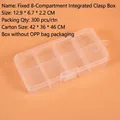 Detailed view of an 8-compartment clear plastic organizer box with size dimensions - Fixed 8-Compartment Integrated Buckle (12.9x6.7x2.2cm)
