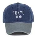 Vintage washed baseball cap with Tokyo embroidery in navy blue and grey two-tone style - Adjustable / Navy Blue Patchwork Grey